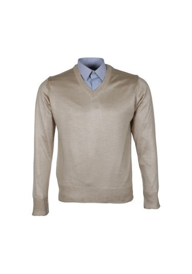 Erkek Yünlü Kazak V Yaka Normal Klasik Kesim Krem Renk Rar00815