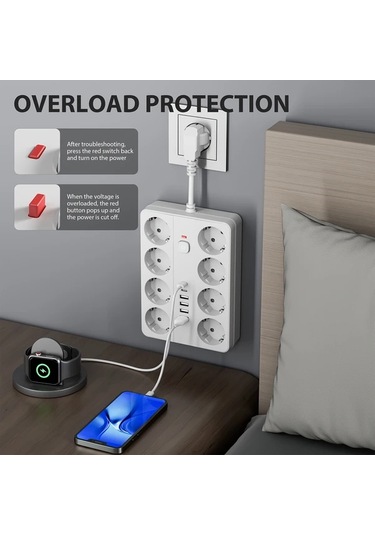 Honeybeeshop 14ü 1 Arada Şarj Koruma Güç Şeridi 8 Ac Çıkış 4 Usb A 2 Type C Beyaz Siyah Beyaz