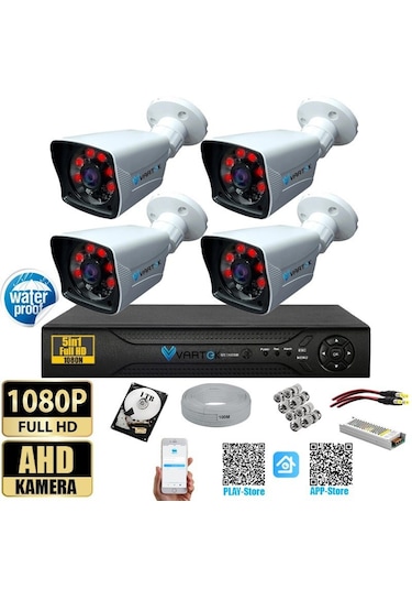 4 Kameralı 1 Tb Hdd 5mp Lensli 1080p Fullhd Kamera Seti - Su Gecirmez- Sabit İp Gerektirmez