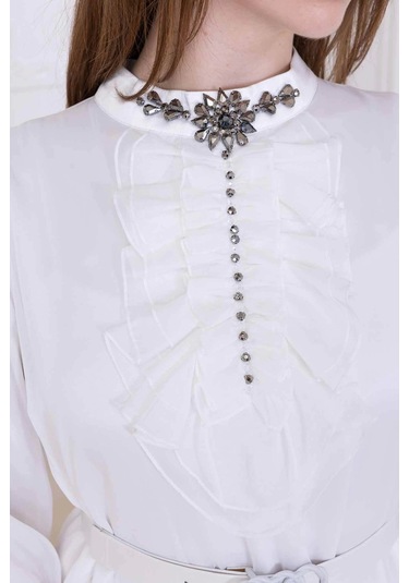 Yaka Fırfırlı Boncuk İşlemeli Şifon Abiye 2716-ekru Ekru