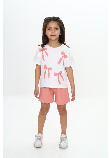 Toontoy Kız Çocuk Fiyonk Baskılı Şortlu Takım Koyu Pudra