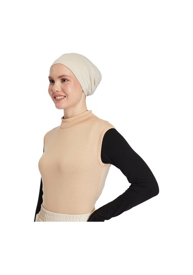 Organik Kolsuz Balıkçı Yaka Likralı Kadın Sıfır Kol Body Koyu Bej