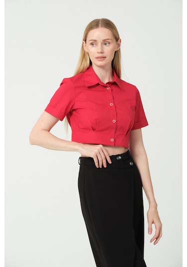 Samore Polo Yaka Crop Gömlek Kırmızı