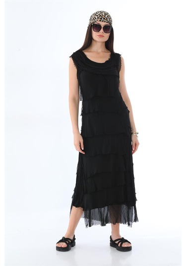 Italyan 2 Beden İnce Gösteren Kat Kat Kolsuz Ipek Elbise Siyah