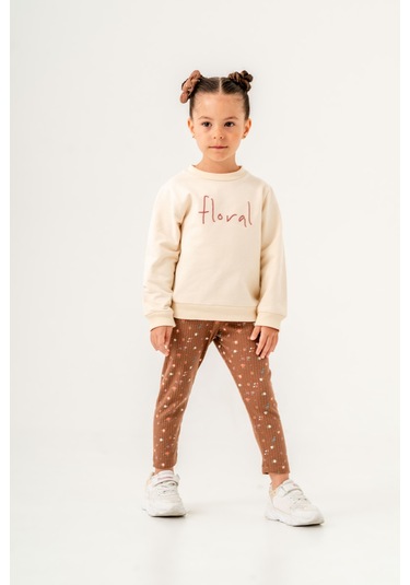 Kız Çocuk Floral Nakışlı İki İplik Kumaş Taytlı Takım Toka Dahildir. Ekru