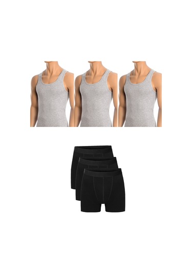 Erkek Pamuklu 3'lü Gri Atlet Ve 3'lü Siyah Boxer 6 Parça Set