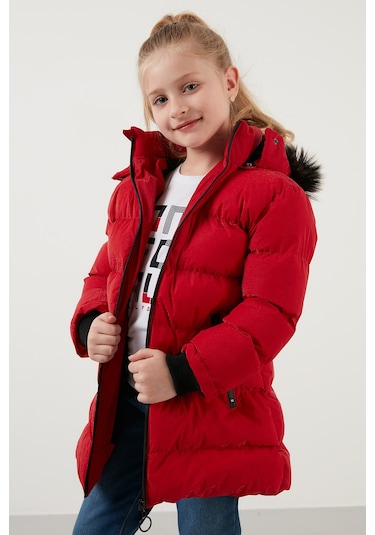 Lela Yakası Suni Kürklü Peluş Astarlı Çıkarılabilir Kapüşonlu Dar Kesim Kışlık Kız Çocuk Mont 5760002 Kırmızı