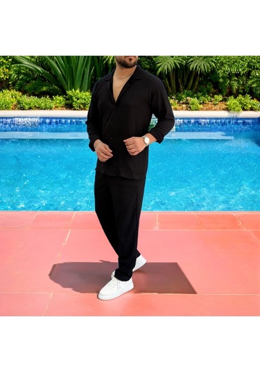 Erkek Bürümcük Krinkıl Kumaş Yazlık Likralı Apaj Yakalı Gömlek Ve Eşofman Takım Kombini Siyah