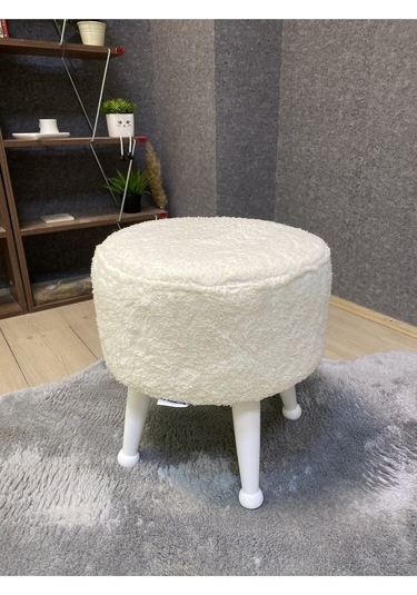 Asedia Miskin Lake Teddy Krem Ahşap Ayaklı Peluş Puf Makyaj Koltuğu Yuvarlak Tabure