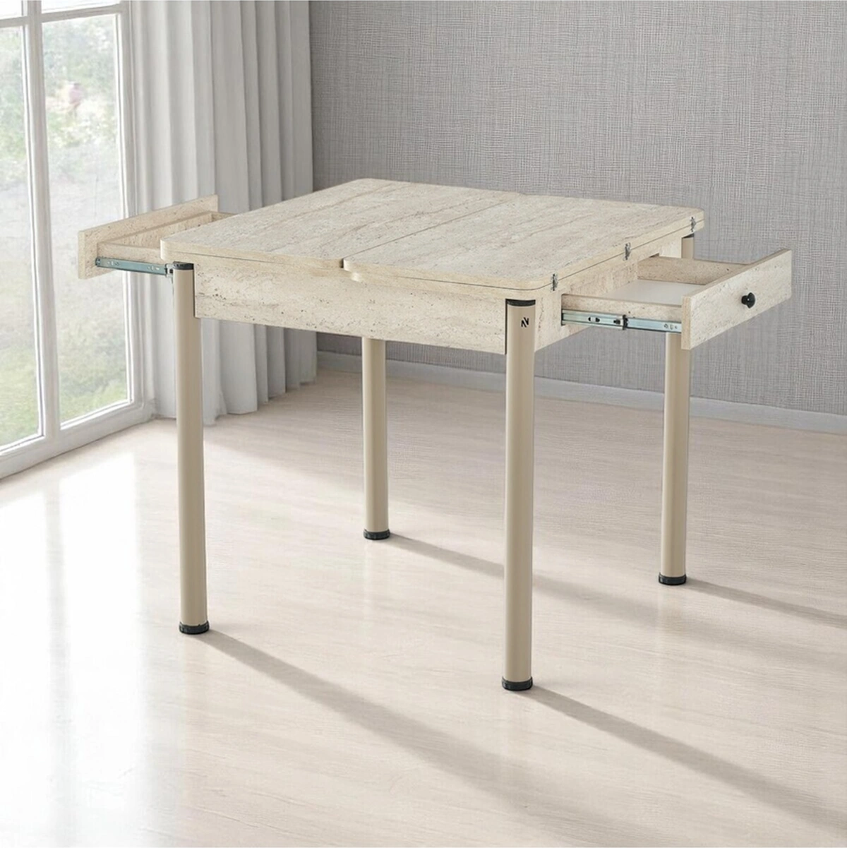 Dengema Neva 89 Açılır Masa Takımı Traverten Desen, 4 Sandalyeli, Krem Kumaş, Kapuçino Metal Ayak Krem