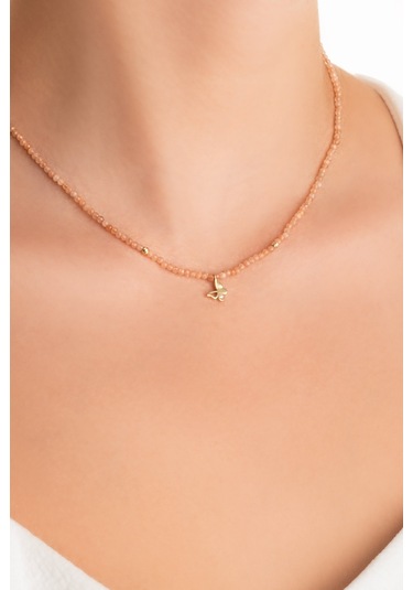 Kelebek Figürlü Güneş Taşlı 14 Ayar Altın Kolye Beyaz - Sarı