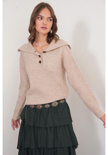 6900 Kadın Düğmeli Devrik Yaka Triko Kazak Bej Bej