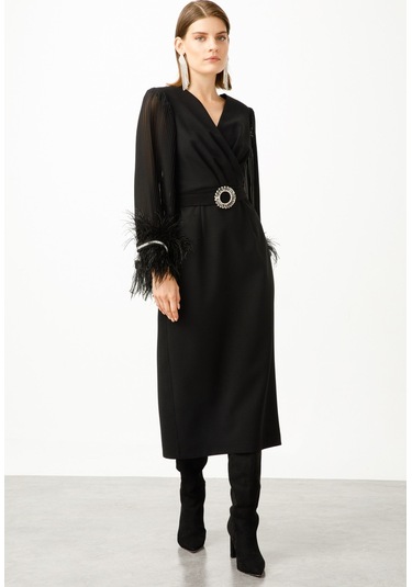 Moda İlgi Kadın Kolları Pliseli Manşeti Otrişli Uzun Elbise B06528 Siyah Siyah