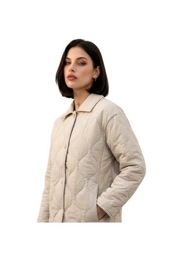 Kadın Desenli Çıtçıtlı Çift Cepli Oversize Kapitone Ceket-391 Taş
