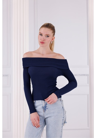 Madonna Yaka Uzun Kollu Fitilli Kadın Bluz Lacivert