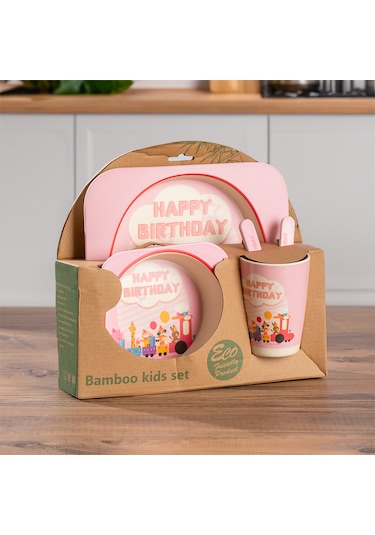 Porsima 233 Figürlü Mama Seti Bebek Mama Tabağı Bambu Mama Seti Pembe