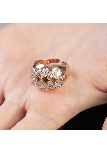 Damla Kesim Beyaz Zirkon Taşlı Rose Renk Free Size 925 Ayar Gümüş Kadın Yüzük Beyaz
