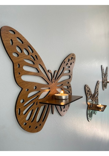 Dekoratif Kelebek Duvar Rafı 3'lü Set Ceviz Kelebekceviz