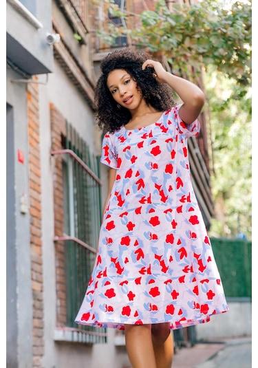 Dökümlü Rahat Kalıp Günlük Penye Kumaş Elbise-mercan Mercan