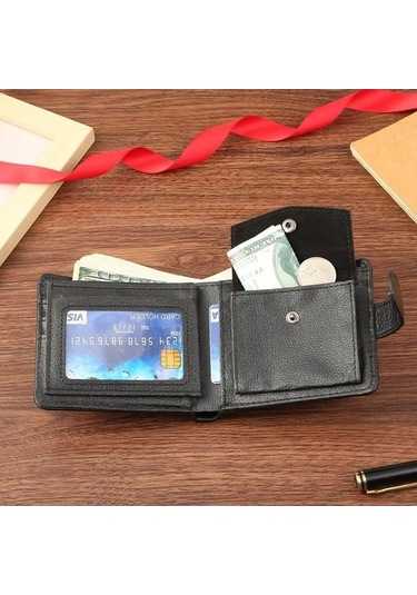 Createtech Erkek Kısa Cüzdan Deri Fermuar Siyah, Kaliteli Kart Horders Siyah
