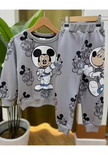 Kız Erkek Çocuk Unisex Astronot Mickey Baskılı Disney Alt Üst Takım Eşofman Takımı Gri