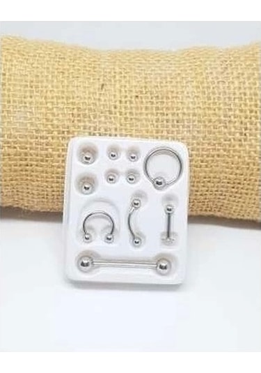 11 Parça Piercing Cerrahi Çelik Ve Piercing Topu Seti Piirsing Gümüş