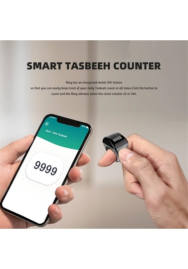 Mufunye Akıllı Zikirmatik Yüzük - 5 Namaz Vakti Hatırlatıcı, Bluetooth, Oled Ekran, 22mm Siyah Plastik