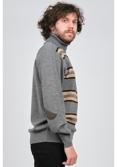 Mısırlı Erkek Tam Balıkçı Çizgili Yün Kazak 3869077 Gri Gri