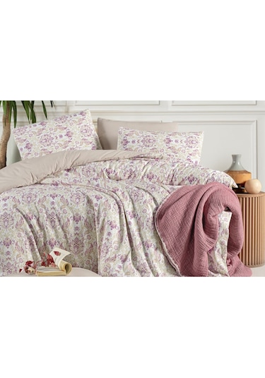 Lastikli Çarşaflı Tek Kişilik Nevresim Takımı İvy Krem Mor