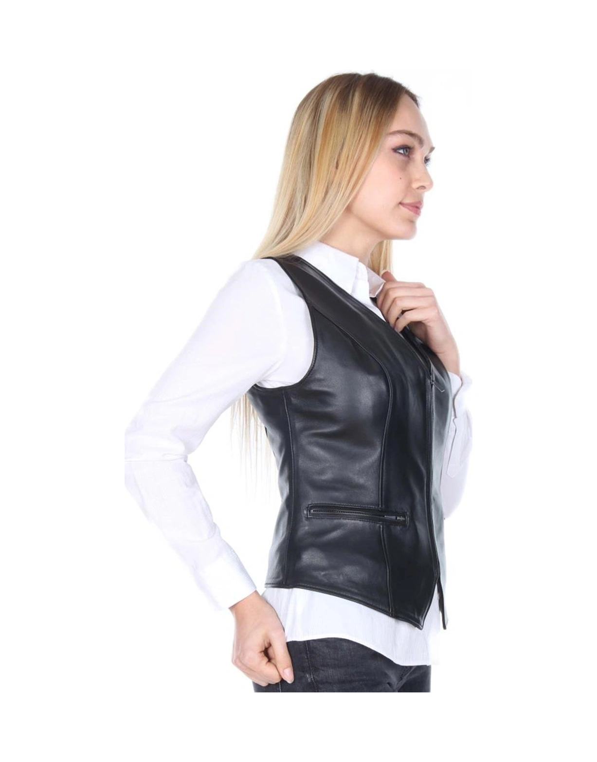 Deriwork Hakiki Deri Siyah Spor Fermuarlı Kadın Deri Yelek Siyah