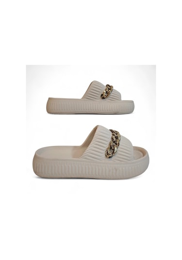 Fiyra 3011 Bej Zincirli Önü Açık Havuz Plaj Günlük Bayan Terlik Bej