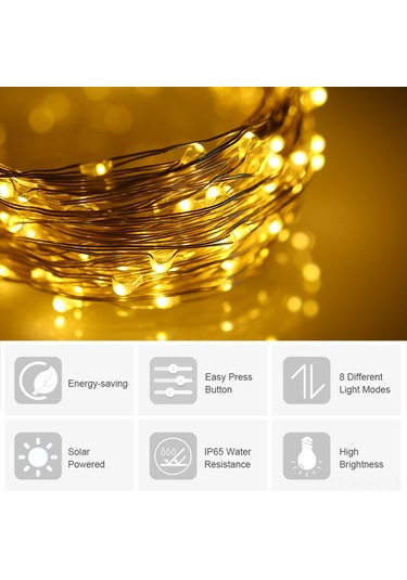 Kosona Güneş Enerjili Bakır Tel Işık Zinciri 10m 100 Led 6w 8 Işık Modu Islak Beyaz Bahçe Çiçek Aydınlatması