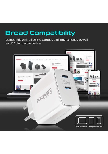 Promate PowerPort-65 GaNFast 65W Type-C PD Şarj Cihazı Beyaz
