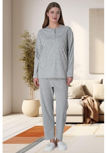 Mecit 6021 Bayan Gri Büyük Beden Uzun Kollu Pijama Takımı 001