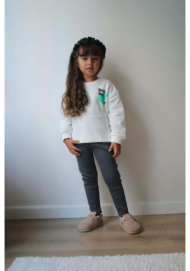 Kız Çocuk Bisiklet Yaka Pamuk Taytlı Eşofman Takımı Ekru