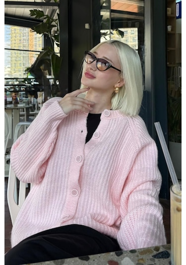 Madmext Pembe Bisiklet Yaka Selanik Örgü Düğmeli Kadın Hırka Mg2487 Pembe