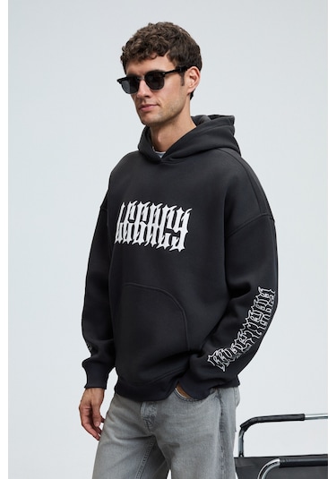 Grimelange ARMAND Erkek Kapüşonlu Kanguru Cepli Önü Baskılı Oversize Antrasit Sweatshirt
