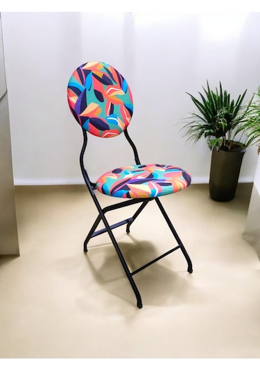 Katlanabilir Renkli Yaprak Desenli Metal Sandalye Siyah
