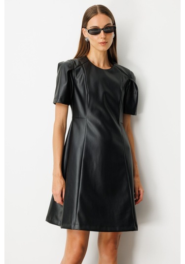 Ekol Kadın Kısa Kollu Deri Elbise 4081 Siyah Siyah