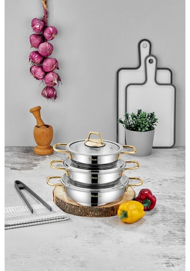 Polochef Paslanmaz Çelik Sahan Seti Gold Saplı 6 Parça Gümüş