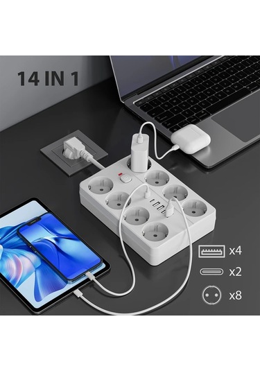 Honeybeeshop 14ü 1 Arada Şarj Koruma Güç Şeridi 8 Ac Çıkış 4 Usb A 2 Type C Beyaz Siyah Beyaz