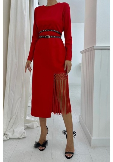 Kırmızı Eteği Püsküllü Atlas Elbise Kırmızı