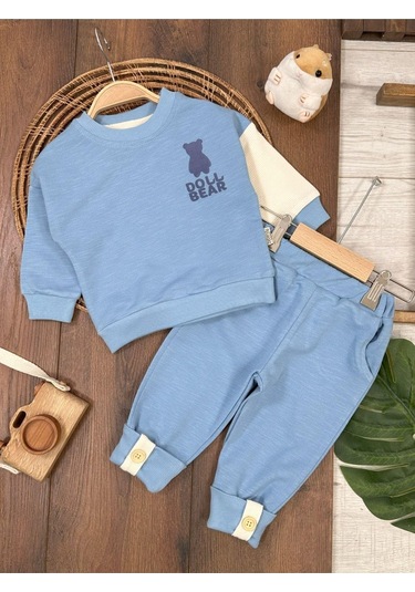 Ayıcık Baskılı Bisiklet Yaka Düğme Detaylı 2'li Bebek Takım Mavi