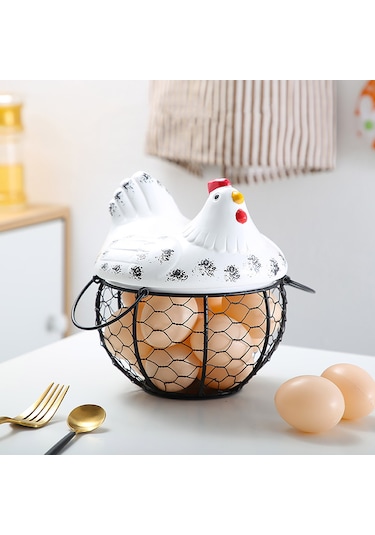Tavuk Figürlü Yumurta Meyve Tutucu Mutfak Organizer Sepet Beyaz - Siyah