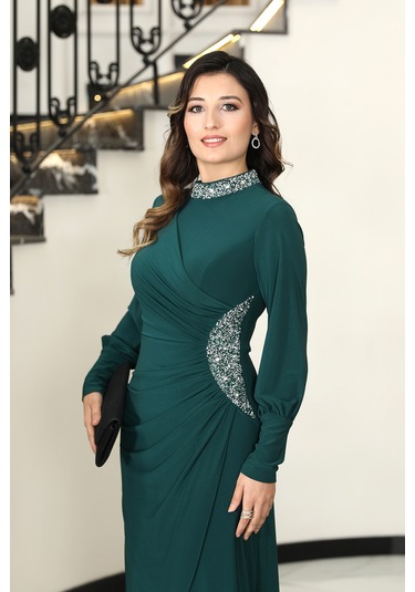 Taş Detaylı Lavinni Tesettür Abiye Elbise Zümrüt