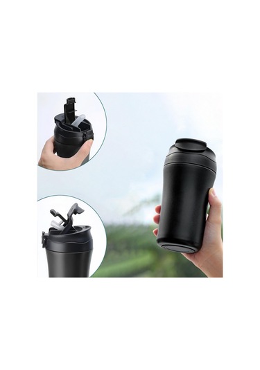 Paslanmaz Çelik Bardak Mug Termos 380 Ml Çift Katmanlı, Sızdırmaz Kapaklı-284 Siyah