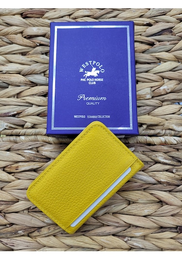 Westpolo İsme Özel 1026 Hakiki Deri Unısex Kartlık Sarı