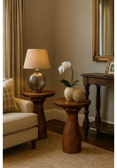 Doğal Meşe 2 Li Yan Sehpa Seti Masif Ahşap Zigon Ve Fiskos Meşe