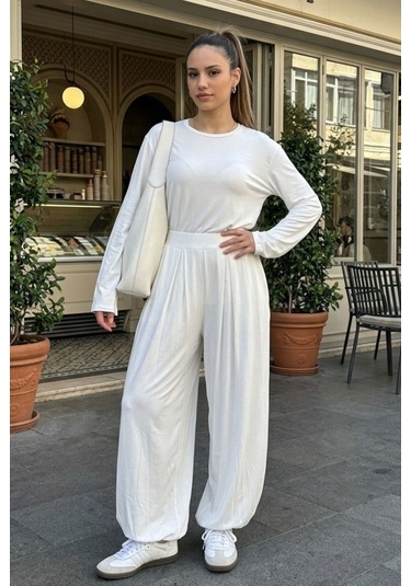 Madmext Ekru Likralı Modal Şalvar Takım Mg2784