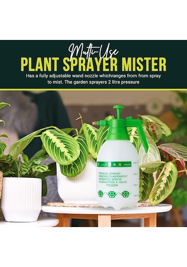 Lemestar Bahçe Bitkileri İçin Ayarlanabilir Basınçlı Sprey Botu - 2 Litre Beyaz Kase Yeşil Başlık, 1.3m Hortum, Akış Regülatörü Ve Kilitlebilir Tetik